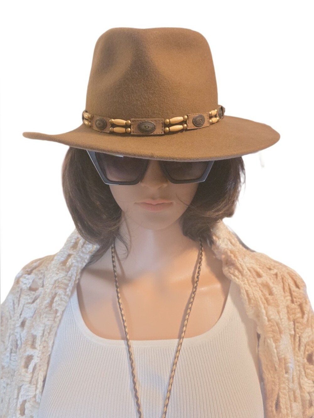 Scala Brown Felt Fedora with Concho and Bead-Studded Hatband Small Pecan Brown